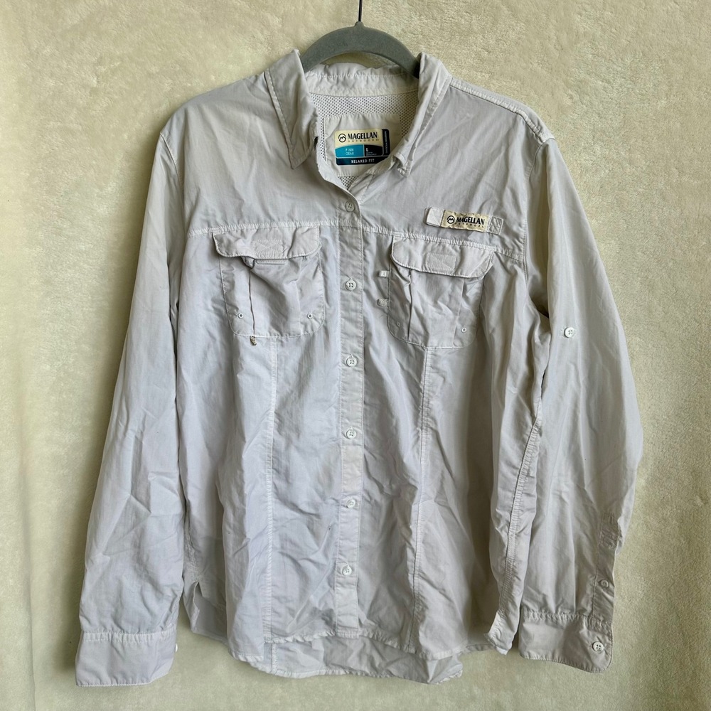 Magellan Outdoors Fish Gear Relaxed‎ Fit Fishing Shirt Off White Womens Large